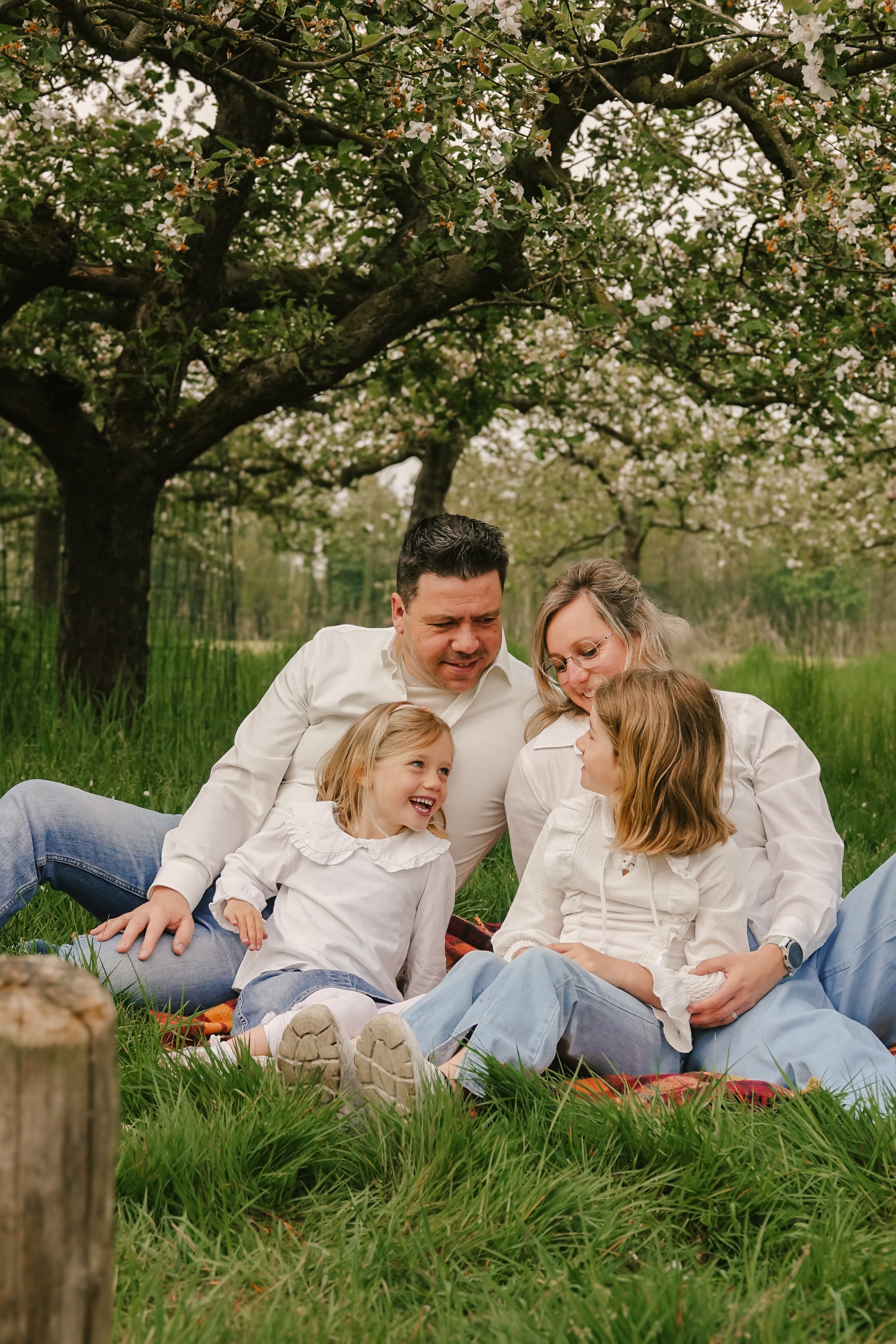 Gezin van vier lacht samen op een picknickkleed onder bloeiende appelbomen